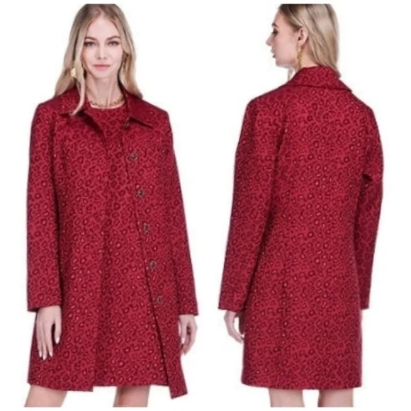 Jade Red Collar Fitted Coat Cheetah Print Brocade Size XL - Picture 8 of 14